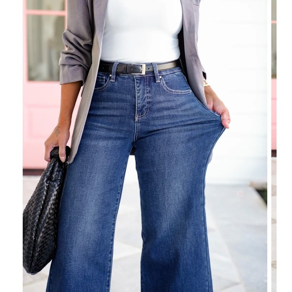 Risen The Opalite High Rise Dark Wash Tummy Control Palazzo Jeans - Picture 2 of 7